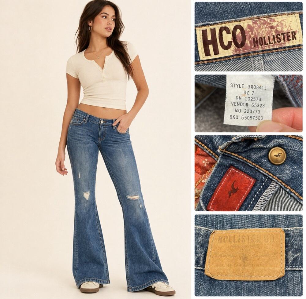 Y2K Indie Sleaze 00s Hollister Bootcut Flare Jeans Size 7 Distressed Medium Wash